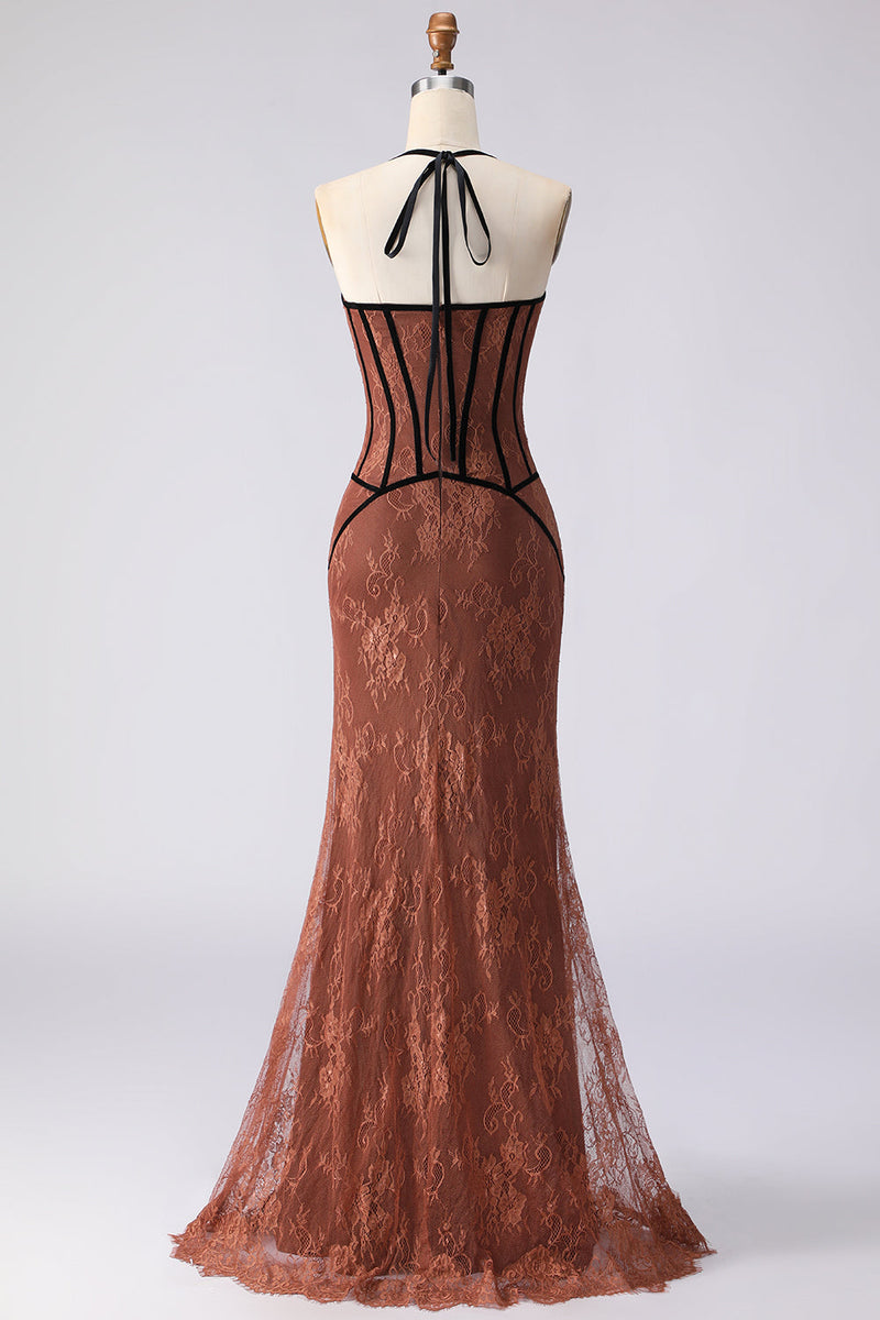 Load image into Gallery viewer, Brown Lace Halter Mermaid Long Corset Prom Dress