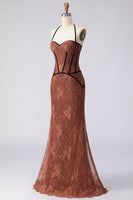 Load image into Gallery viewer, Brown Lace Halter Mermaid Long Corset Prom Dress