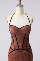 Load image into Gallery viewer, Brown Lace Halter Mermaid Long Corset Prom Dress