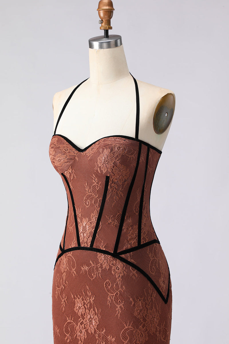 Load image into Gallery viewer, Brown Lace Halter Mermaid Long Corset Prom Dress