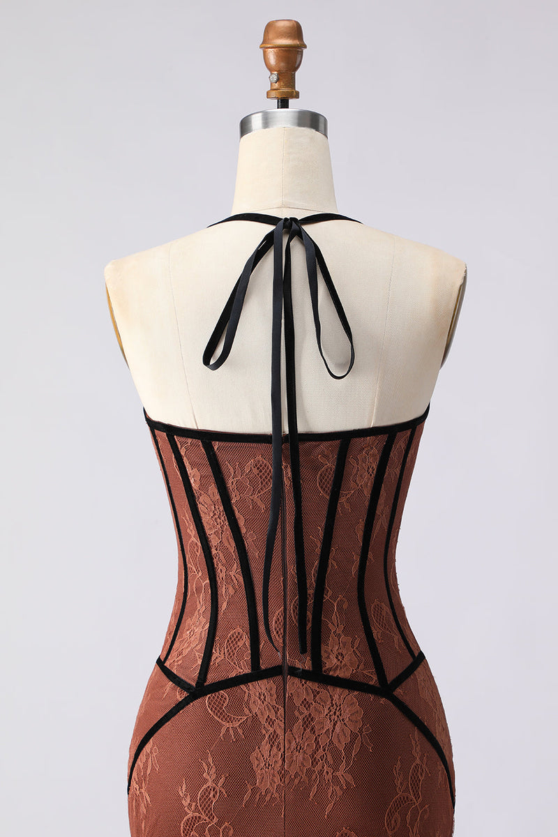 Load image into Gallery viewer, Brown Lace Halter Mermaid Long Corset Prom Dress