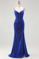 Load image into Gallery viewer, Royal Blue Mermaid Long Corset Prom Dress with Slit