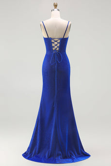 Royal Blue Mermaid Long Corset Prom Dress with Slit