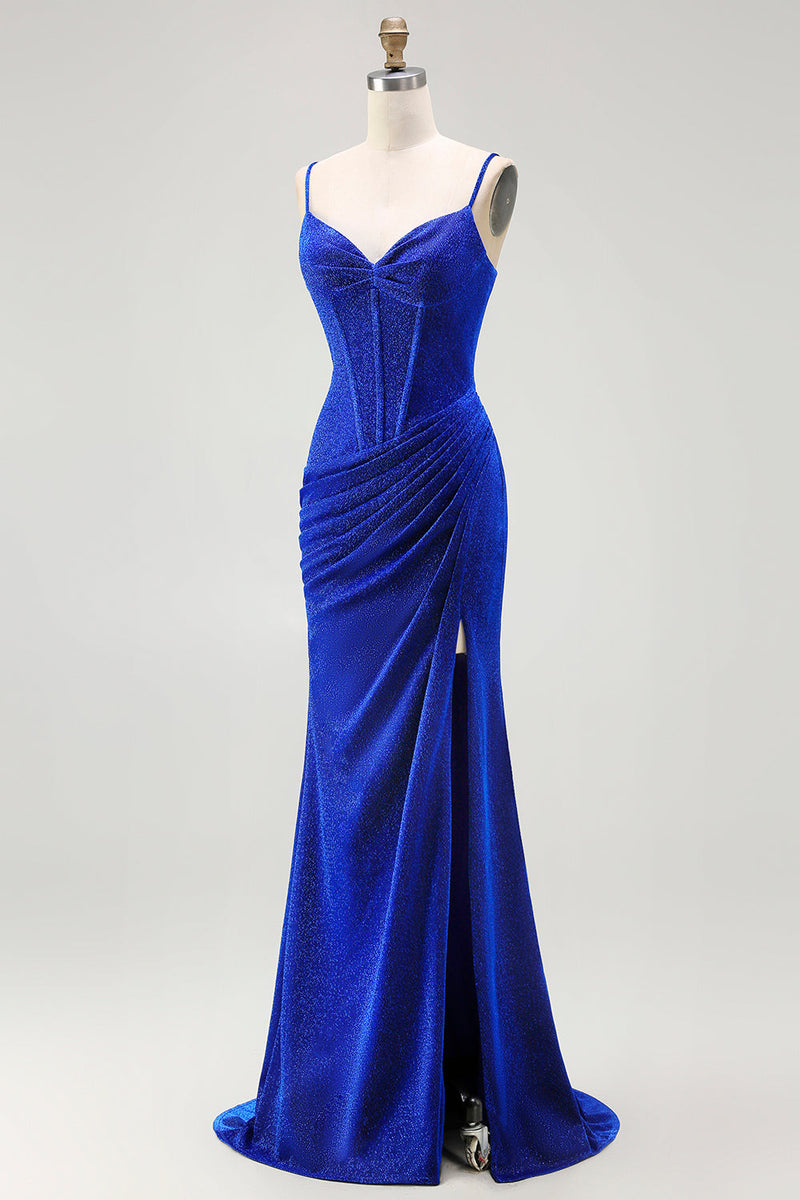 Load image into Gallery viewer, Royal Blue Mermaid Long Corset Prom Dress with Slit