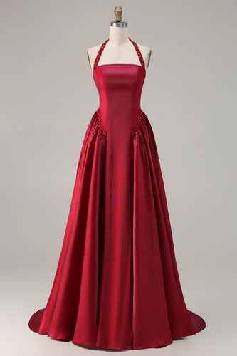 Sparkly Burgundy A-Line Halter Satin Long Prom Dress with Sequin