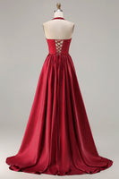 Load image into Gallery viewer, Sparkly Burgundy A-Line Halter Satin Long Prom Dress with Sequin