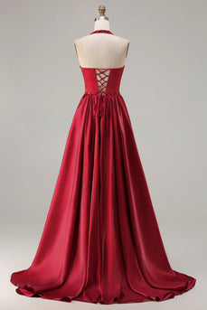 Sparkly Burgundy A-Line Halter Satin Long Prom Dress with Sequin