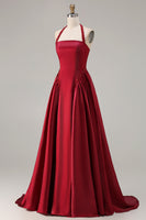 Load image into Gallery viewer, Sparkly Burgundy A-Line Halter Satin Long Prom Dress with Sequin