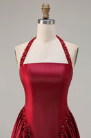 Load image into Gallery viewer, Sparkly Burgundy A-Line Halter Satin Long Prom Dress with Sequin