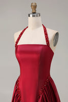 Load image into Gallery viewer, Sparkly Burgundy A-Line Halter Satin Long Prom Dress with Sequin