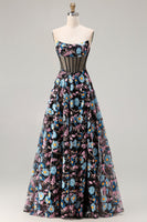 Load image into Gallery viewer, Black Floral A-Line Strapless Long Corset Prom Dress