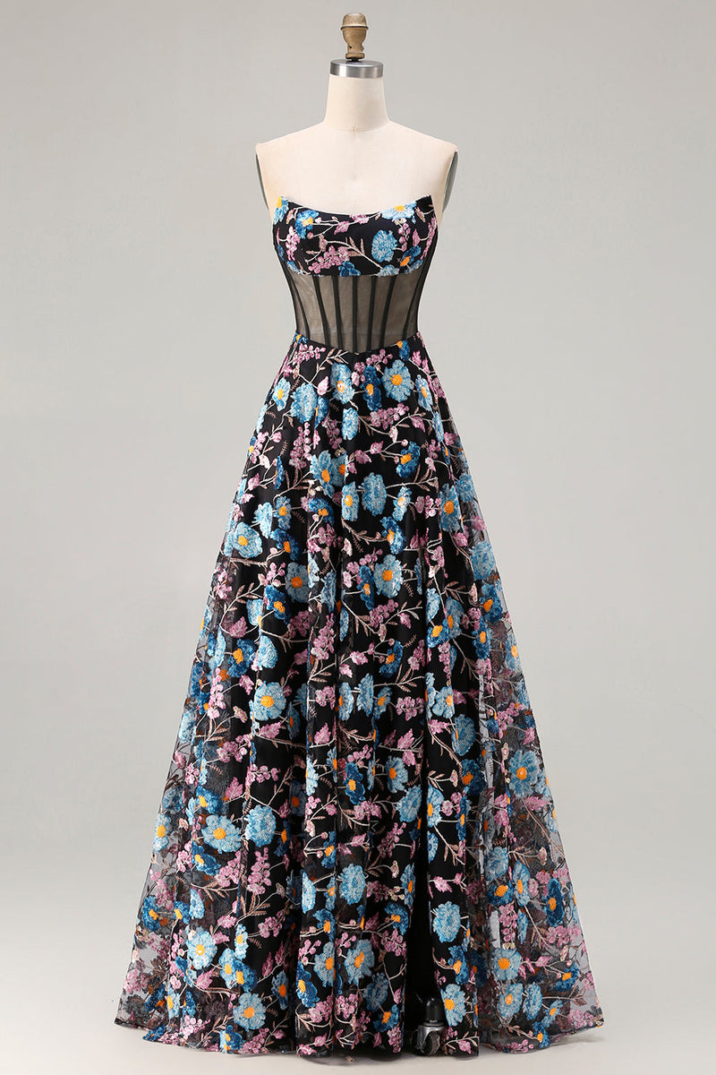 Load image into Gallery viewer, Black Floral A-Line Strapless Long Corset Prom Dress