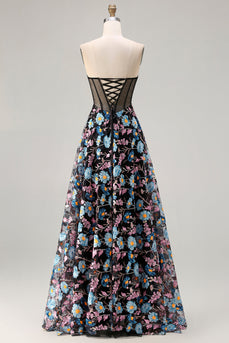 Black Floral A-Line Strapless Long Corset Prom Dress