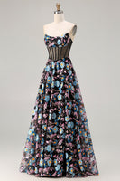 Load image into Gallery viewer, Black Floral A-Line Strapless Long Corset Prom Dress