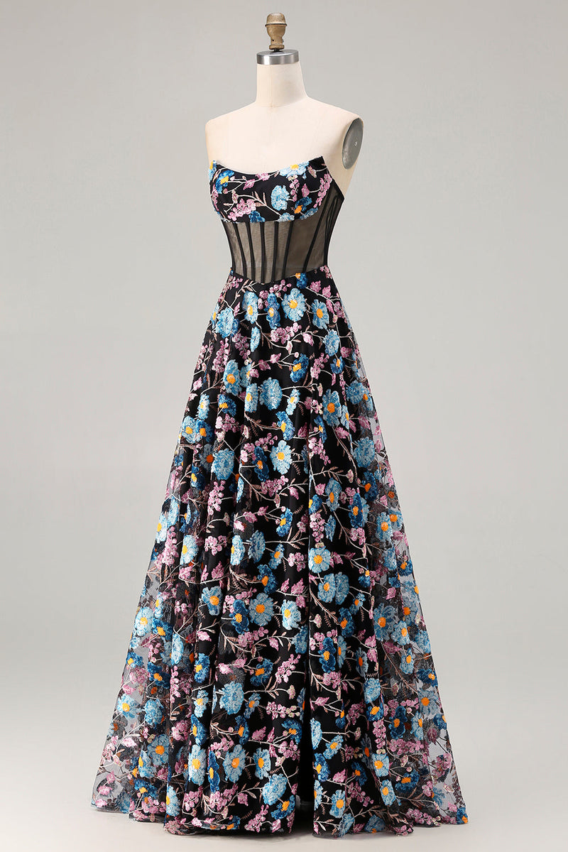Load image into Gallery viewer, Black Floral A-Line Strapless Long Corset Prom Dress