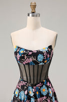 Load image into Gallery viewer, Black Floral A-Line Strapless Long Corset Prom Dress
