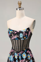 Load image into Gallery viewer, Black Floral A-Line Strapless Long Corset Prom Dress