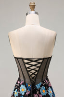 Load image into Gallery viewer, Black Floral A-Line Strapless Long Corset Prom Dress