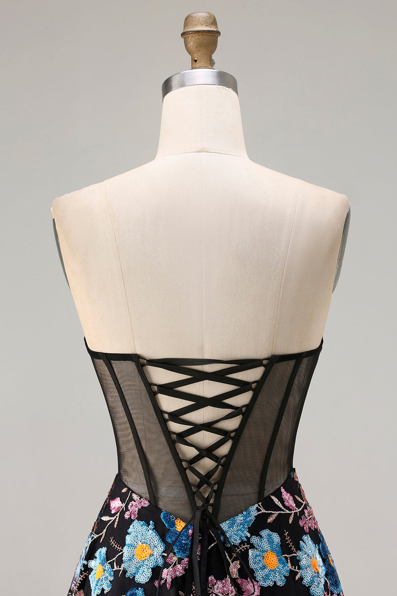 Load image into Gallery viewer, Black Floral A-Line Strapless Long Corset Prom Dress