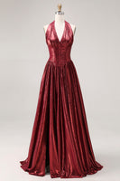 Load image into Gallery viewer, Metallic Burgundy Halter Ball Gown Corset Long Prom Dress