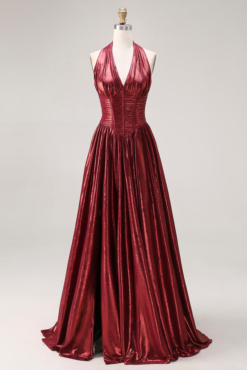Load image into Gallery viewer, Metallic Burgundy Halter Ball Gown Corset Long Prom Dress