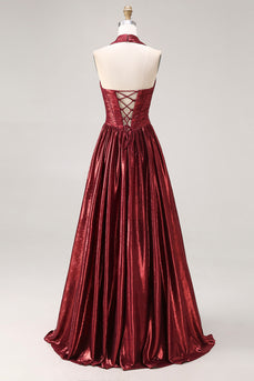 Metallic Burgundy Halter Ball Gown Corset Long Prom Dress
