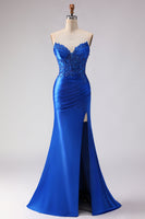 Load image into Gallery viewer, Satin Royal Blue Mermaid Beaded Long Prom Dress with Slit