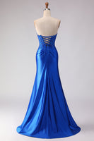 Load image into Gallery viewer, Satin Royal Blue Mermaid Beaded Long Prom Dress with Slit