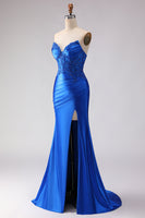 Load image into Gallery viewer, Satin Royal Blue Mermaid Beaded Long Prom Dress with Slit