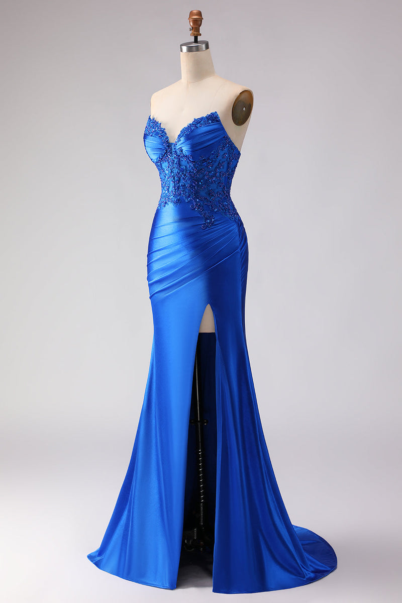 Load image into Gallery viewer, Satin Royal Blue Mermaid Beaded Long Prom Dress with Slit