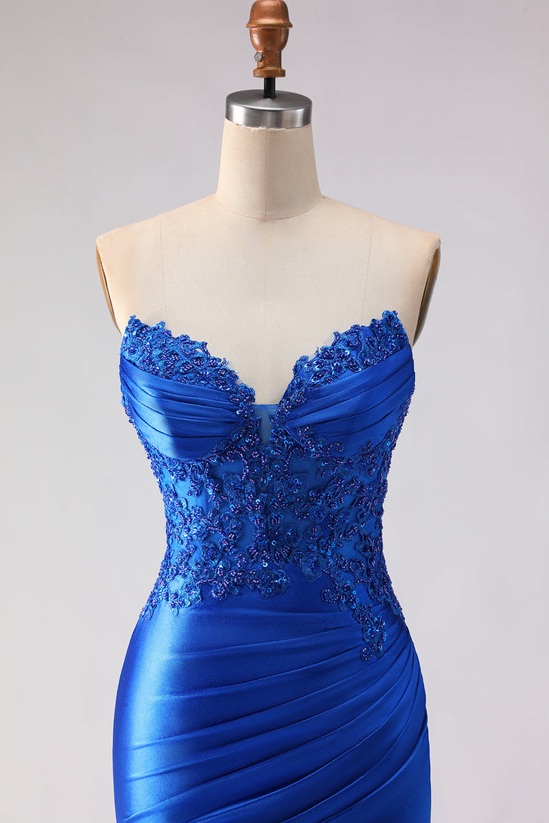 Load image into Gallery viewer, Satin Royal Blue Mermaid Beaded Long Prom Dress with Slit