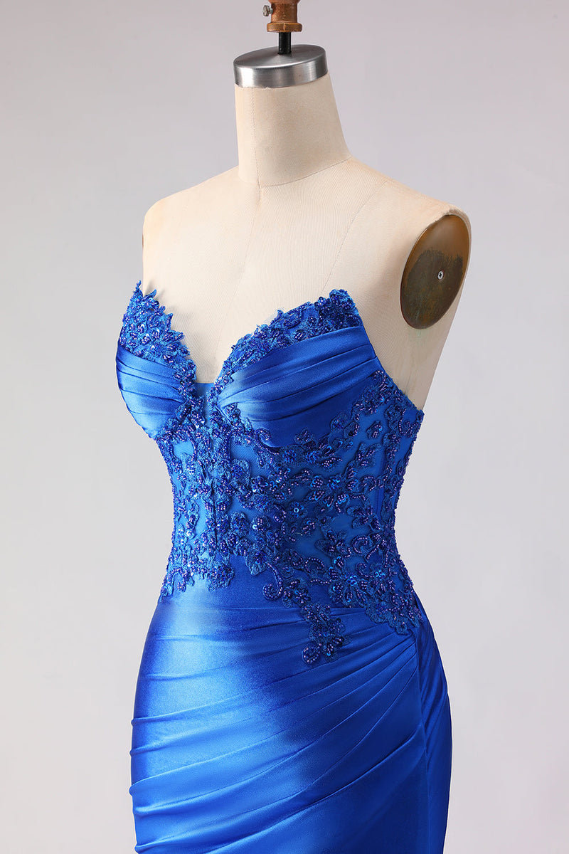 Load image into Gallery viewer, Satin Royal Blue Mermaid Beaded Long Prom Dress with Slit