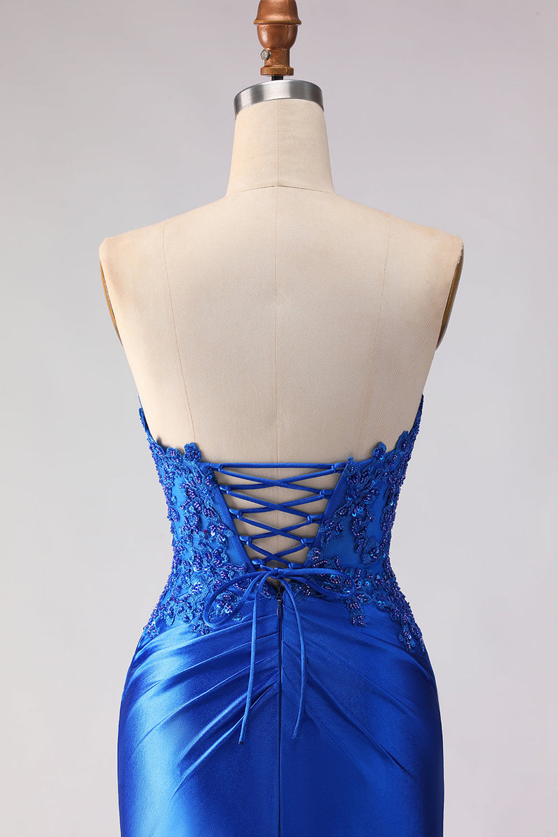 Load image into Gallery viewer, Satin Royal Blue Mermaid Beaded Long Prom Dress with Slit