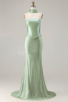 Load image into Gallery viewer, Sparkly Sage Green Mermaid Strapless Long Prom Dress with Neck Scarf