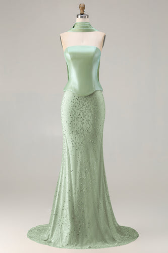 Sparkly Sage Green Mermaid Strapless Long Prom Dress with Neck Scarf