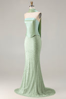 Load image into Gallery viewer, Sparkly Sage Green Mermaid Strapless Long Prom Dress with Neck Scarf