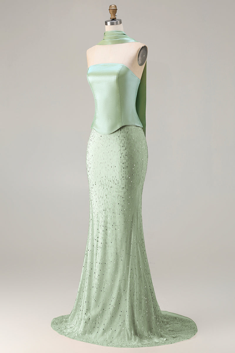 Load image into Gallery viewer, Sparkly Sage Green Mermaid Strapless Long Prom Dress with Neck Scarf