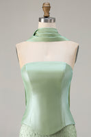 Load image into Gallery viewer, Sparkly Sage Green Mermaid Strapless Long Prom Dress with Neck Scarf