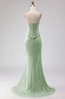 Load image into Gallery viewer, Sparkly Sage Green Mermaid Strapless Long Prom Dress with Neck Scarf