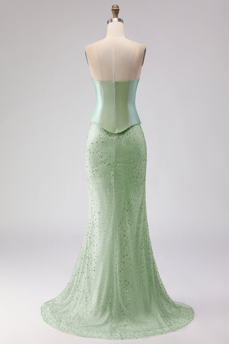 Load image into Gallery viewer, Sparkly Sage Green Mermaid Strapless Long Prom Dress with Neck Scarf