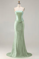 Load image into Gallery viewer, Sparkly Sage Green Mermaid Strapless Long Prom Dress with Neck Scarf
