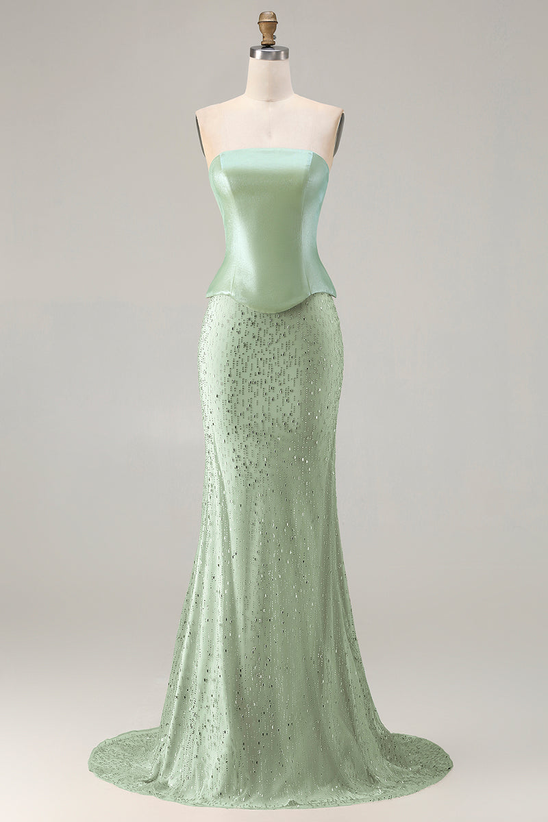 Load image into Gallery viewer, Sparkly Sage Green Mermaid Strapless Long Prom Dress with Neck Scarf