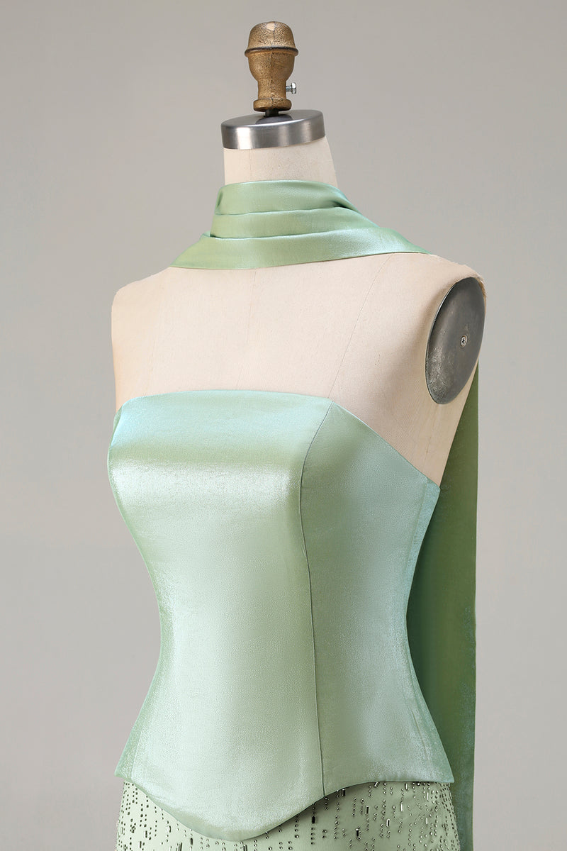 Load image into Gallery viewer, Sparkly Sage Green Mermaid Strapless Long Prom Dress with Neck Scarf