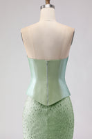 Load image into Gallery viewer, Sparkly Sage Green Mermaid Strapless Long Prom Dress with Neck Scarf