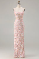 Load image into Gallery viewer, Sparkly Blush Pink Sheath Floral Sequin Long Corset Prom Dress