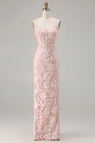 Sparkly Blush Pink Sheath Floral Sequin Long Corset Prom Dress