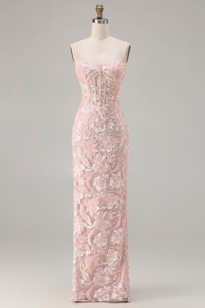 Sparkly Blush Pink Sheath Floral Sequin Long Corset Prom Dress
