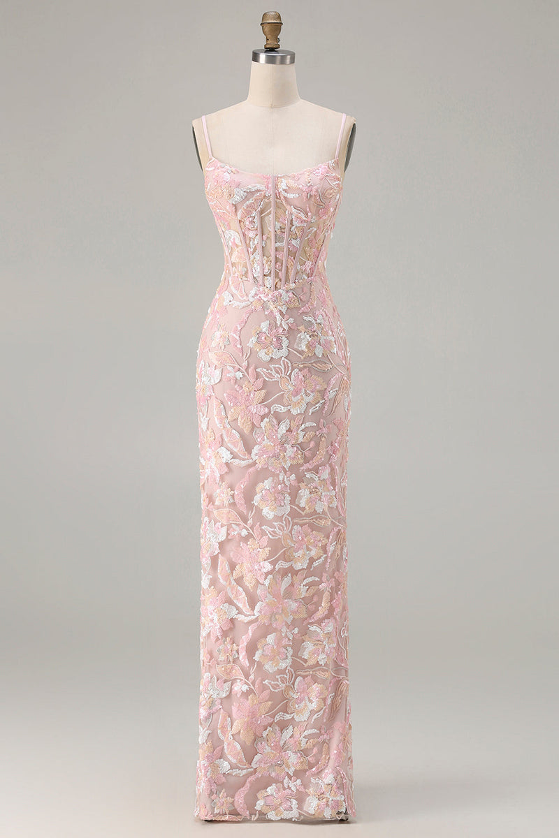 Load image into Gallery viewer, Sparkly Blush Pink Sheath Floral Sequin Long Corset Prom Dress