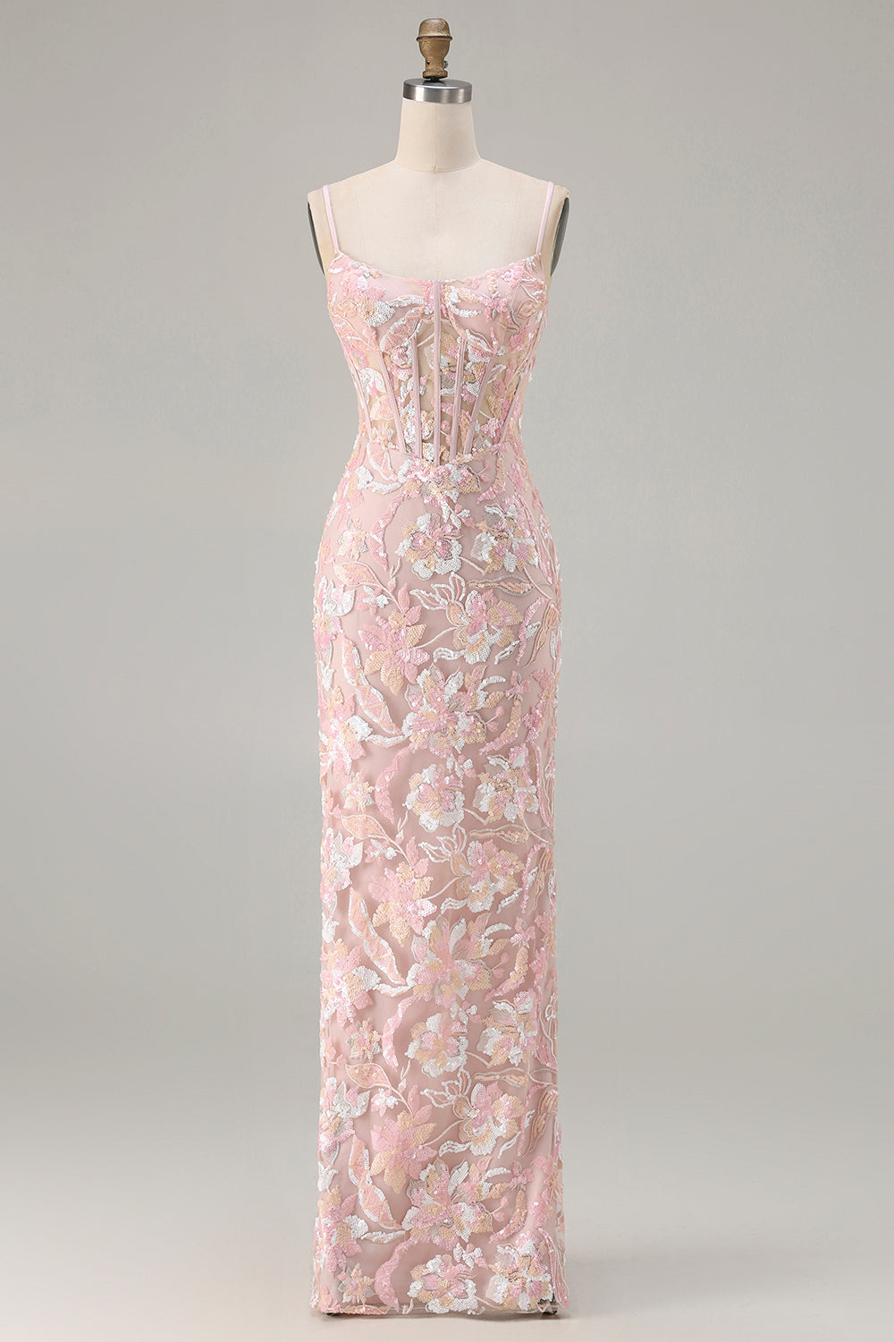 Sparkly Blush Pink Sheath Floral Sequin Long Corset Prom Dress