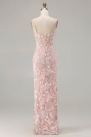 Load image into Gallery viewer, Sparkly Blush Pink Sheath Floral Sequin Long Corset Prom Dress
